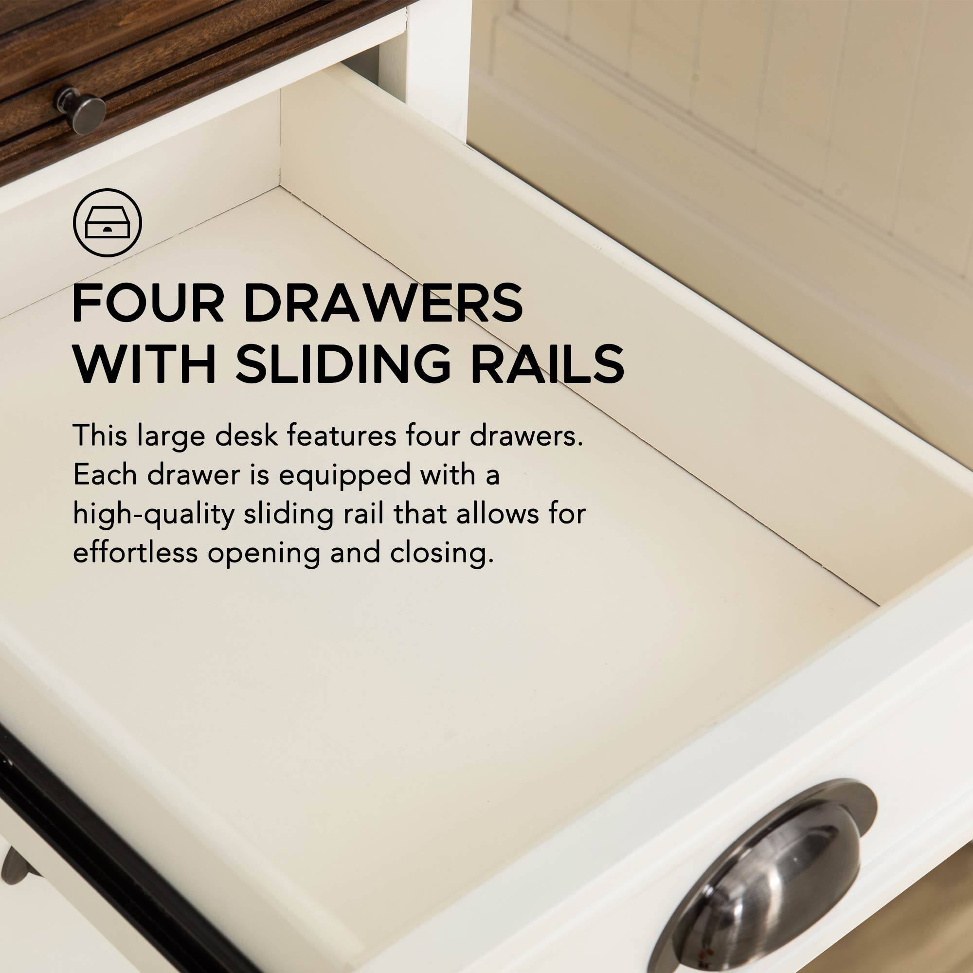 FOUR DRAWERS WITH SLIDING RAILS

This large desk features four drawers. Each drawer is equipped with a high-quality sliding rail that allows for effortless opening and closing.
