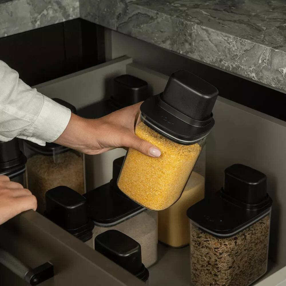 Angle. OU - 4 Cup Clear Airtight Food Storage Container with Measuring Cup for Sugar, Coffee & Dry Food - Black.