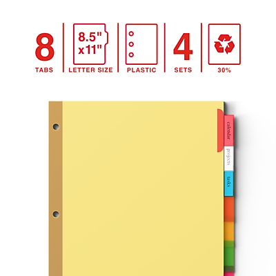 8 Tabs  
8.5" x 11" Letter Size  
Plastic  
4 Sets  
30% Recycled