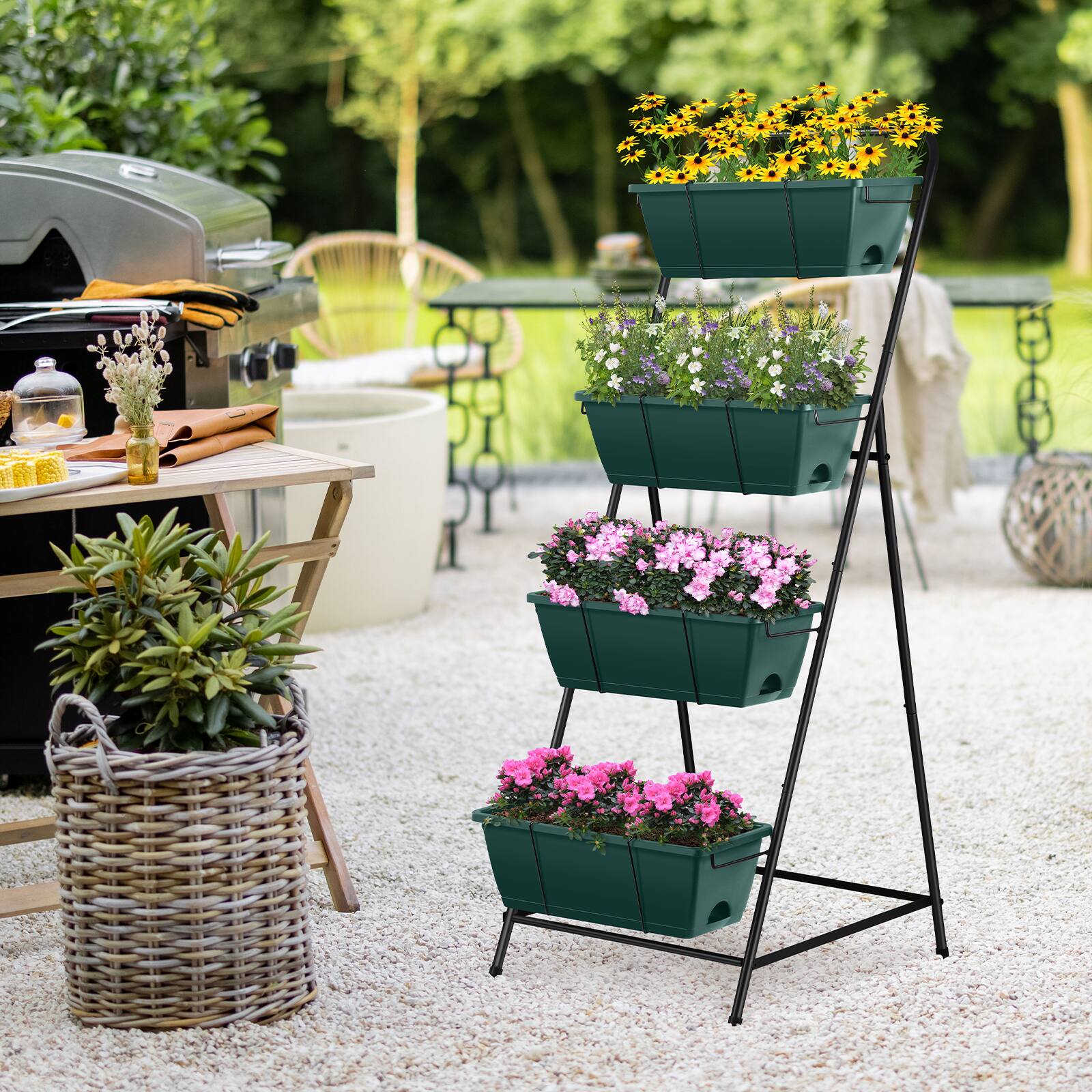 Alt View 1. Oumilen - 4-Tier Vertical Raised Garden Bed, Black Metal Plant Stand with 4 Green Planter Boxes for Patio Backyard Balcony.