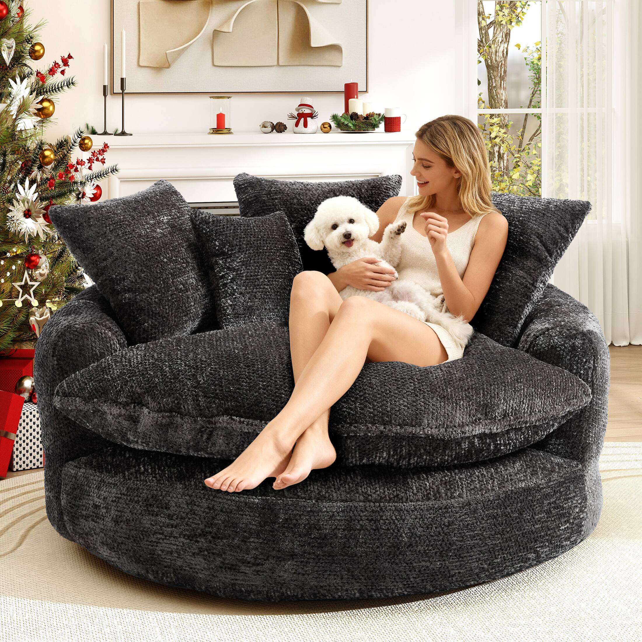 Anysun - Oversized Round Comfortable Chenille Foam Chair with Pillows - Gray