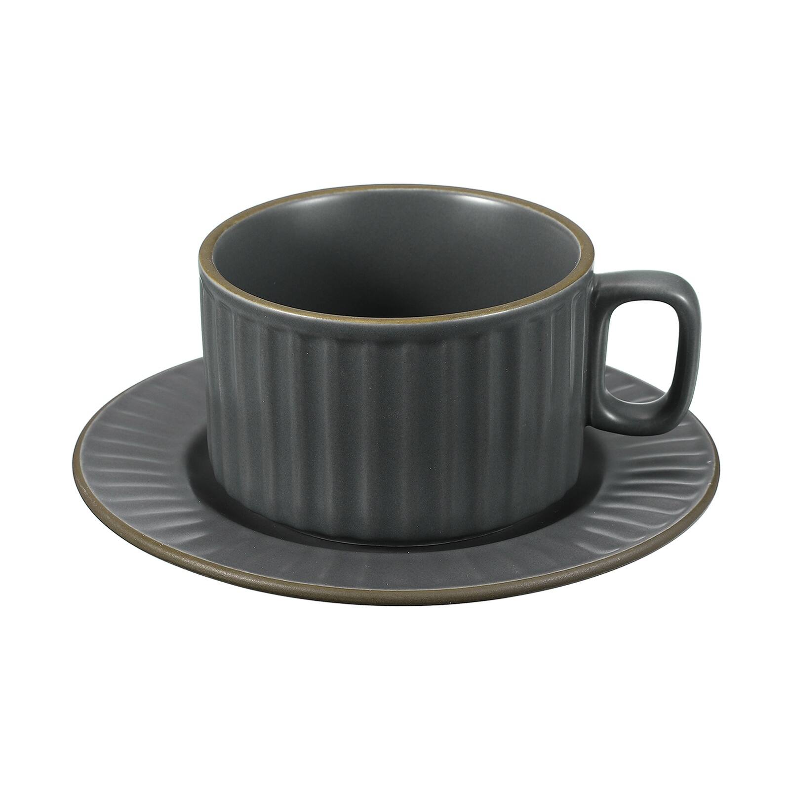 Front. Unique Bargains - Handmade Vintage Espresso Cups, 8oz Coffee Cups & Saucers Ceramic Tea Cup w/Handle, Microwave Safe for Home Office Gifts - Gray.