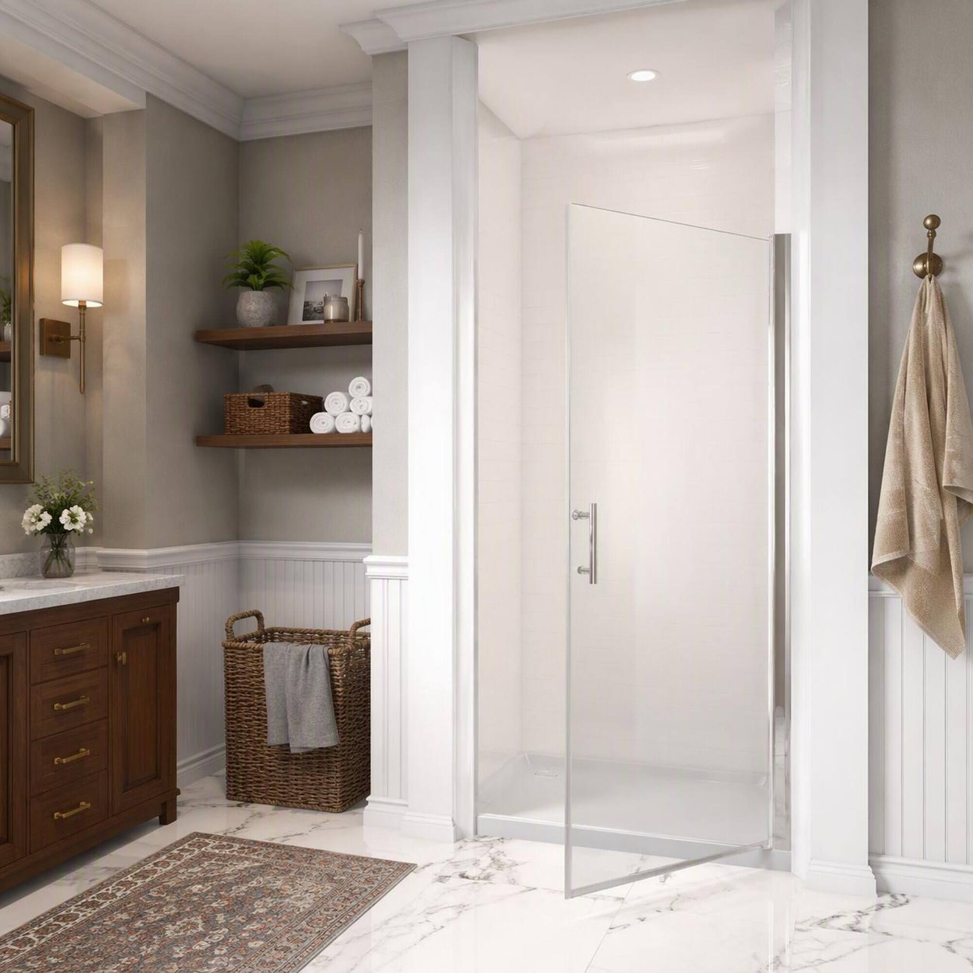Back. RYHNUYNE - 28" X 72" Pivot Shower Door With 1/4" Tempered Glass, Brushed Nickel Frame And Steel Handle - Brushed Nickel.