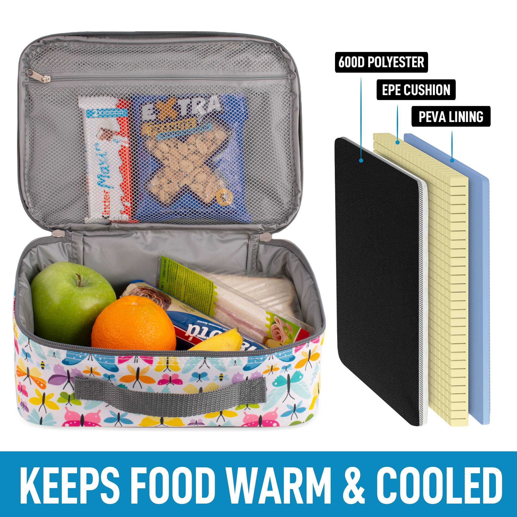600D POLYESTER, EPE CUSHION, PEVA LINING, KEEPS FOOD WARM & COOLED