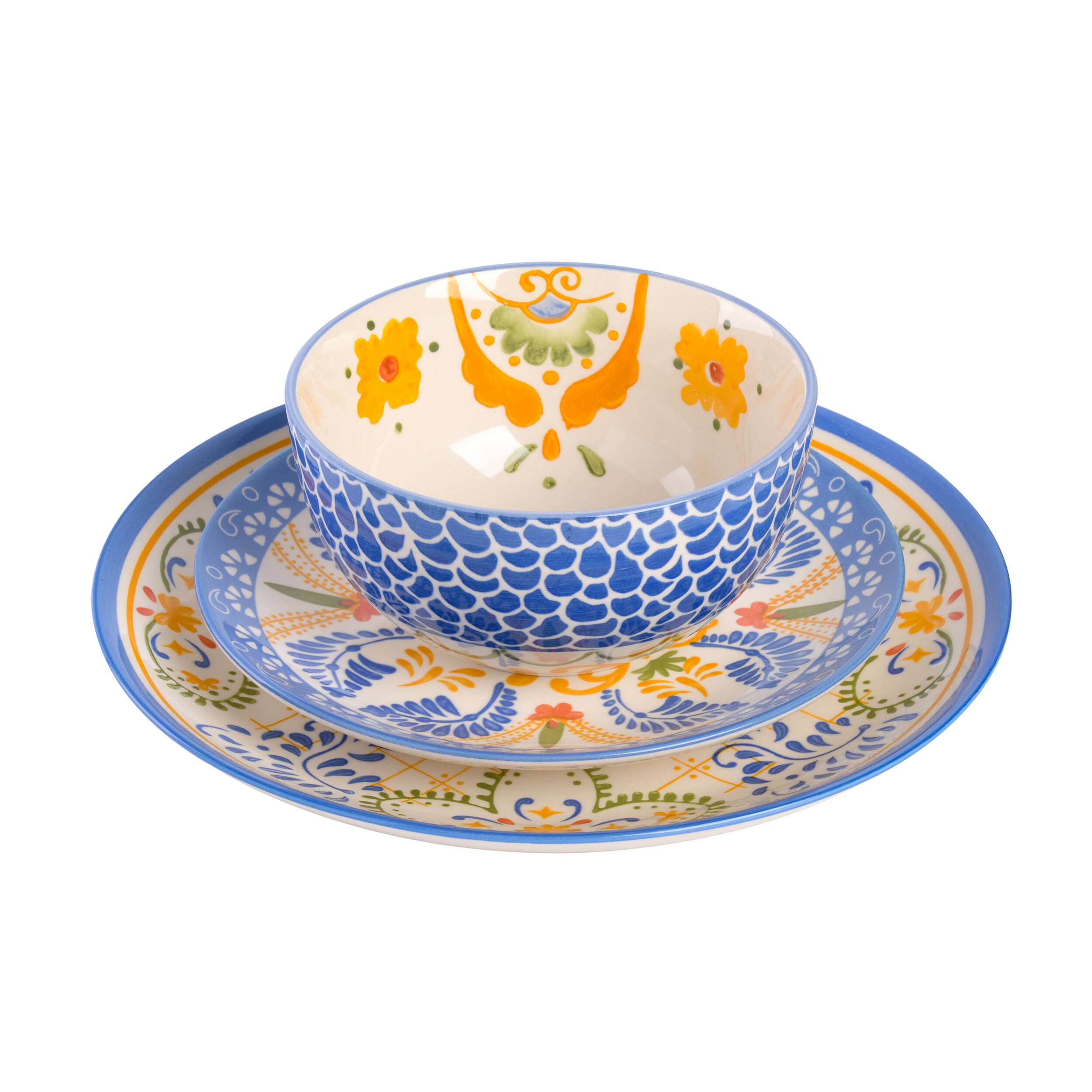 Alt View 2. Laurie Gates - Laurie Gates Tierra Tile 12 Piece Round Stoneware Dinnerware Set in Assorted Designs - Blue.