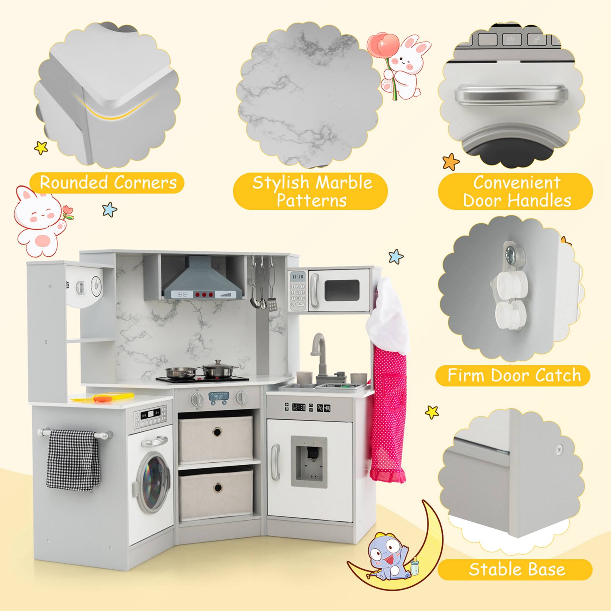 - Rounded Corners
- Stylish Marble Patterns
- Convenient Door Handles
- Firm Door Catch
- Stable Base