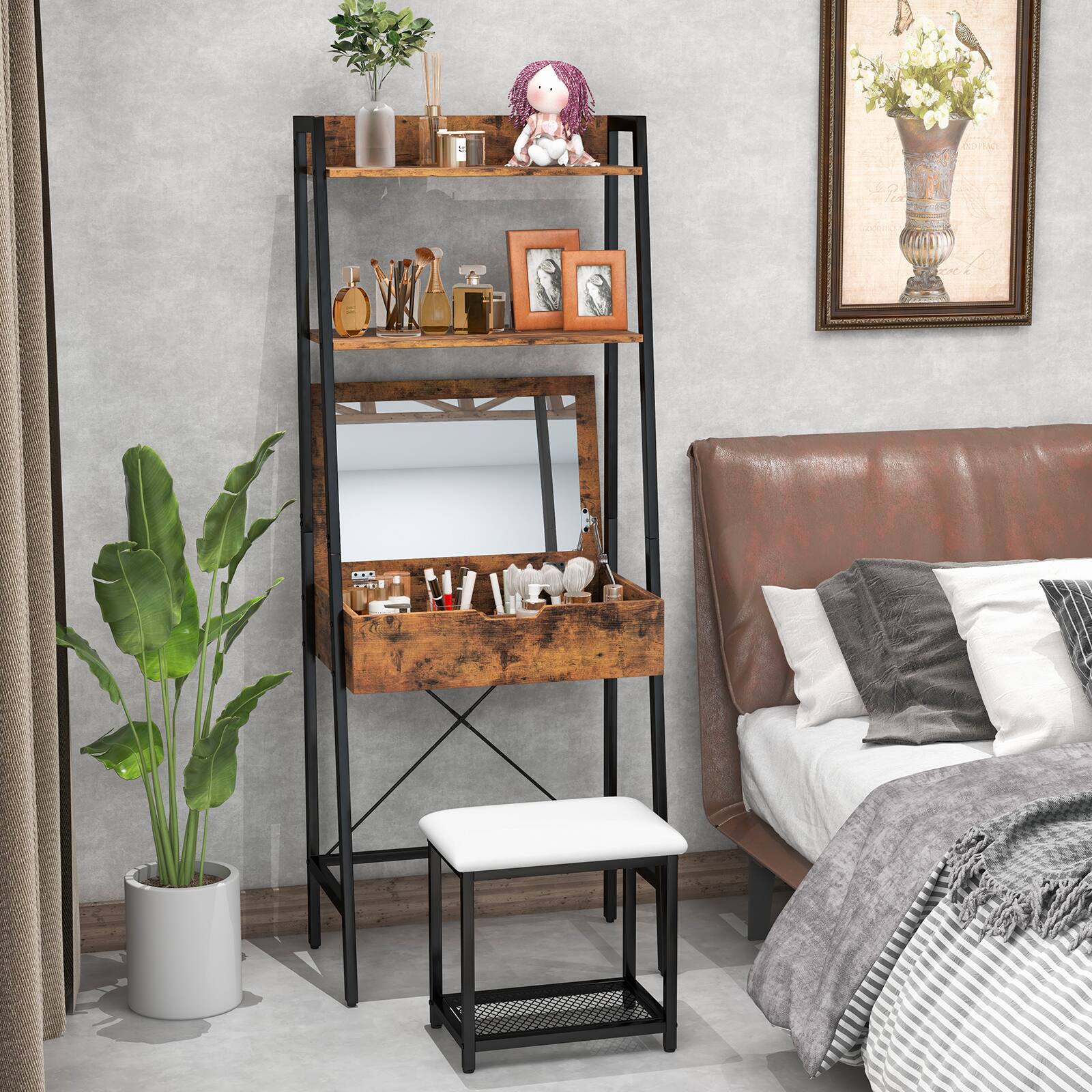 Alt View 1. Ecooso - Ladder Vanity Desk Set with Flip Top Mirror and Cushioned Stool - Black + Rustic Brown.