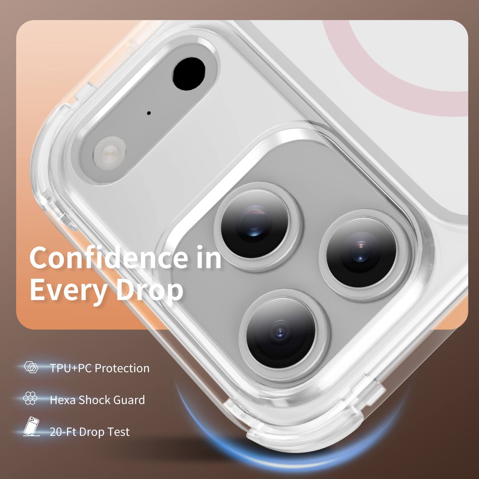 Confidence in Every Drop

- TPU+PC Protection
- Hexa Shock Guard
- 20-Ft Drop Test