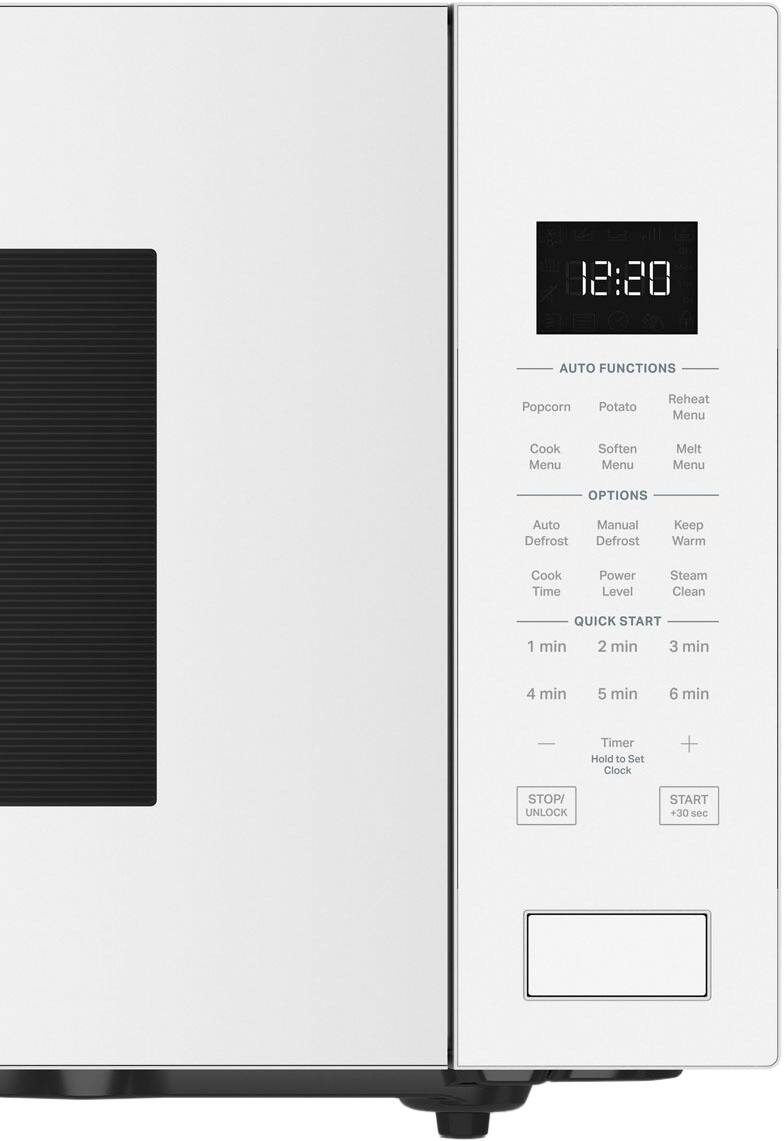 The text on the image reads: "12:20 Auto Functions Popcorn Potato Reheat Menu Cook Menu Soften Menu Melt Menu OPTIONS Auto Defrost Manual Defrost Keep Warm Cook Time Power Level Steam Clean QUICK START 1 min 2 min 3 min 4 min 5 min 6 min Timer Hold to Set Clock + START +30 sec."