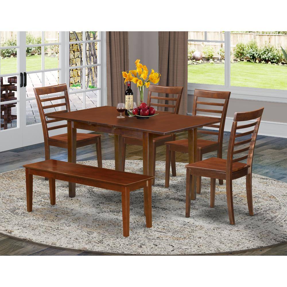 Back. East West Furniture - 6 Pc Kitchen dinette set - Table and 4 Kitchen Dining Chairs plus Bench - Mahogany.
