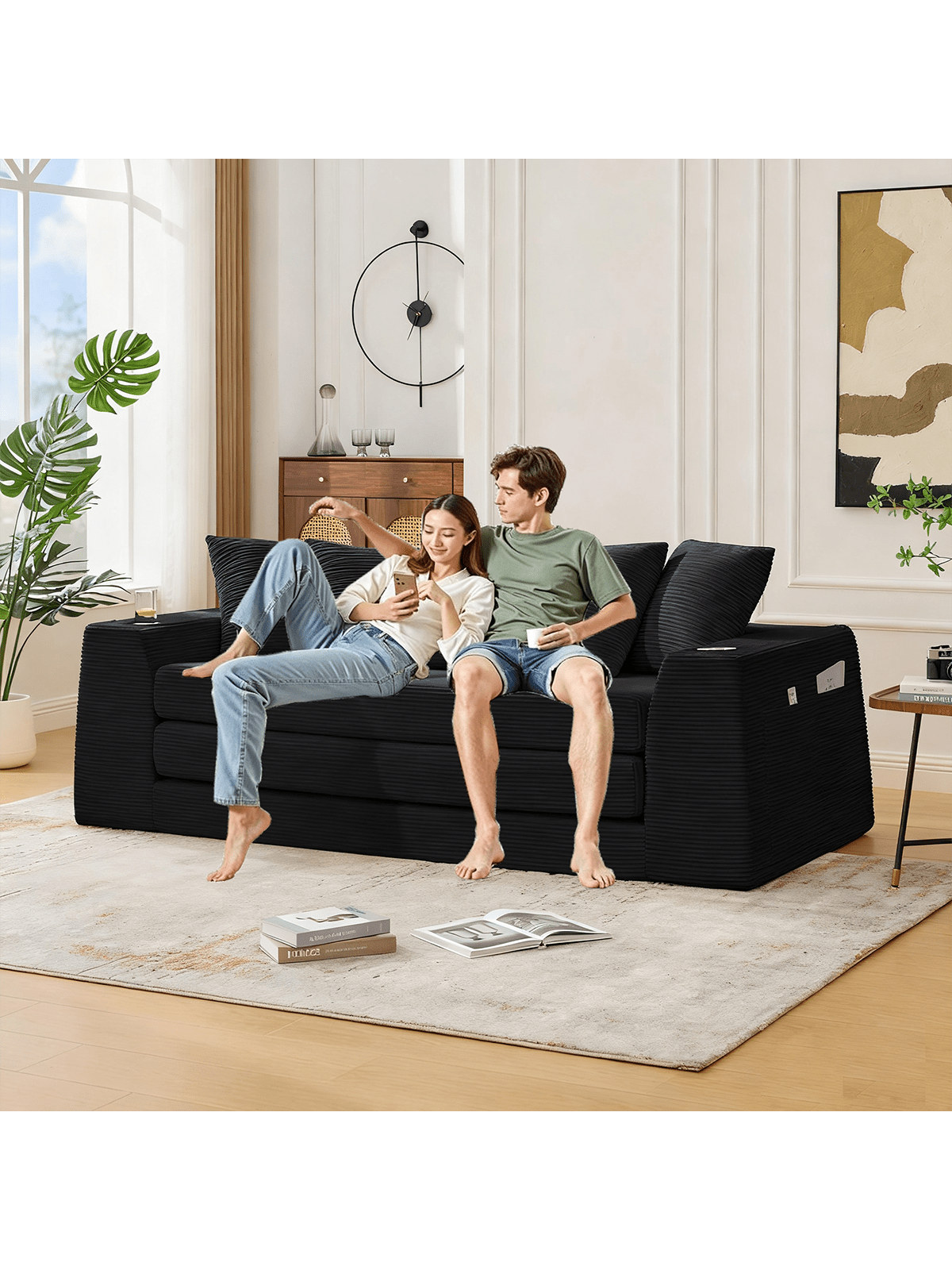 Alt View 6. Trinkets Crazed - 82.25" Convertible Sofa Bed, Loveseat Sleeper Sofa, 2 In 1 Sofa, Corduroy Pull Out Sofa Bed, 5 Pillows, Side Pocket - Black.