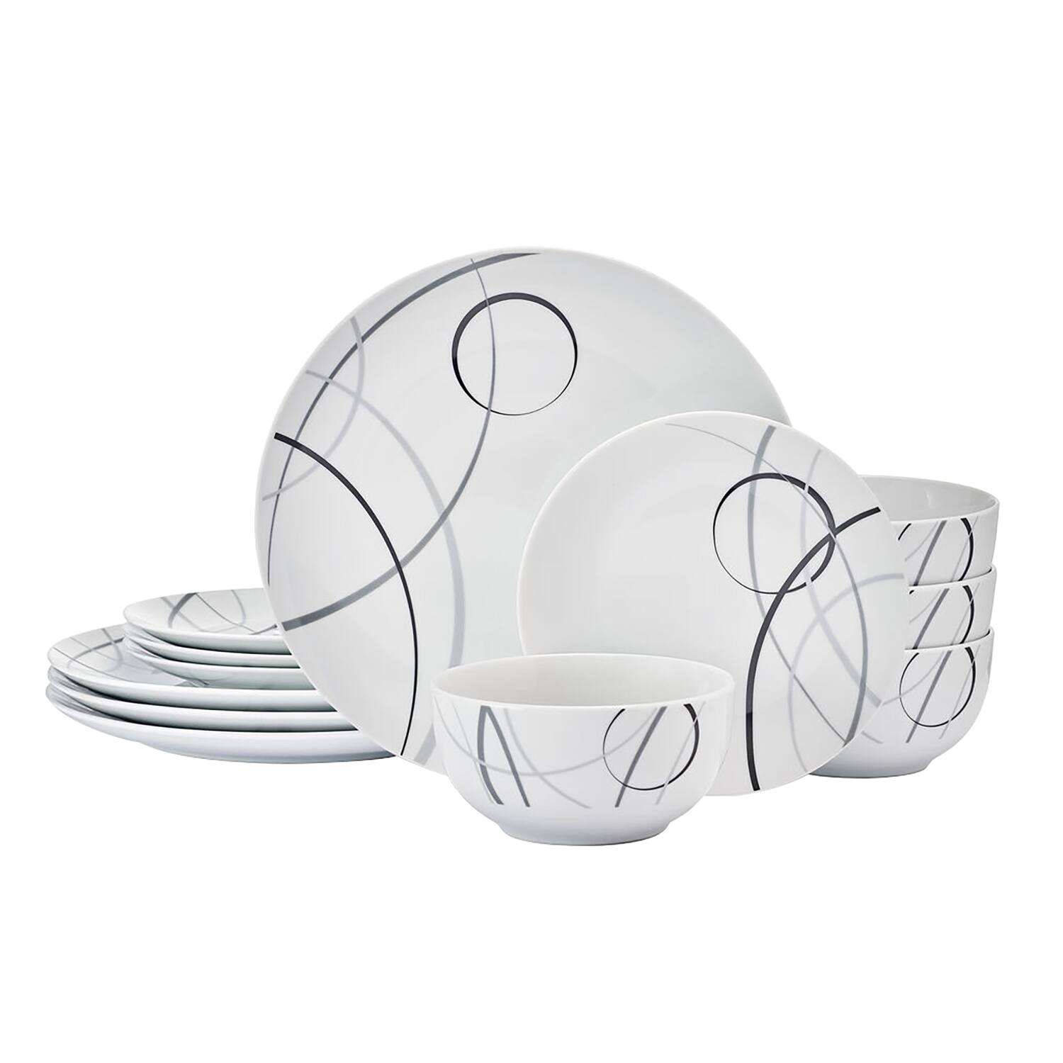 Front. Studio Nova - 12-Piece Porcelain Dinnerware Set Circles Pattern - White with Designs.