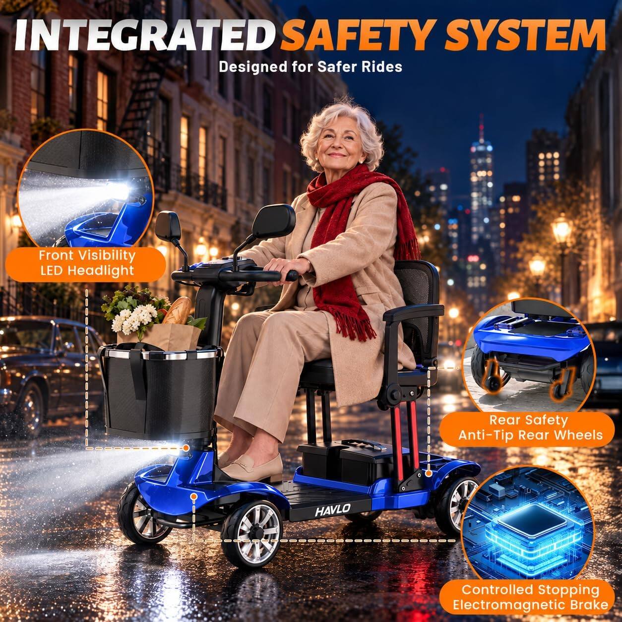 INTEGRATED SAFETY SYSTEM  
Designed for Safer Rides

Front Visibility LED Headlight

Rear Safety Anti-Tip Rear Wheels

Controlled Stopping Electromagnetic Brake