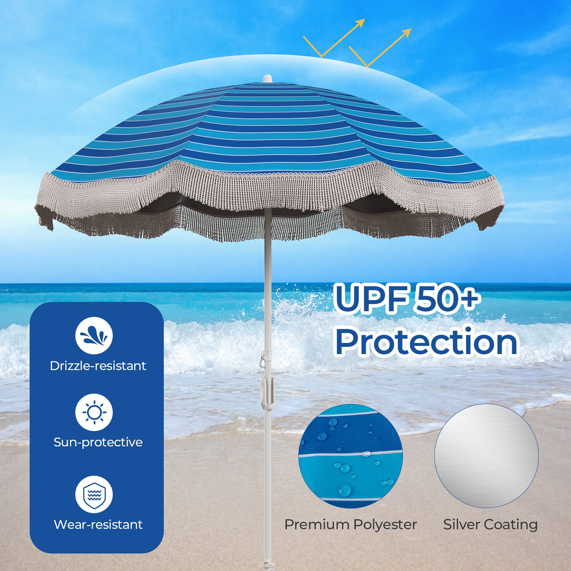 - Drizzle-resistant
- Sun-protective
- Wear-resistant
- UPF 50+ Protection
- Premium Polyester
- Silver Coating