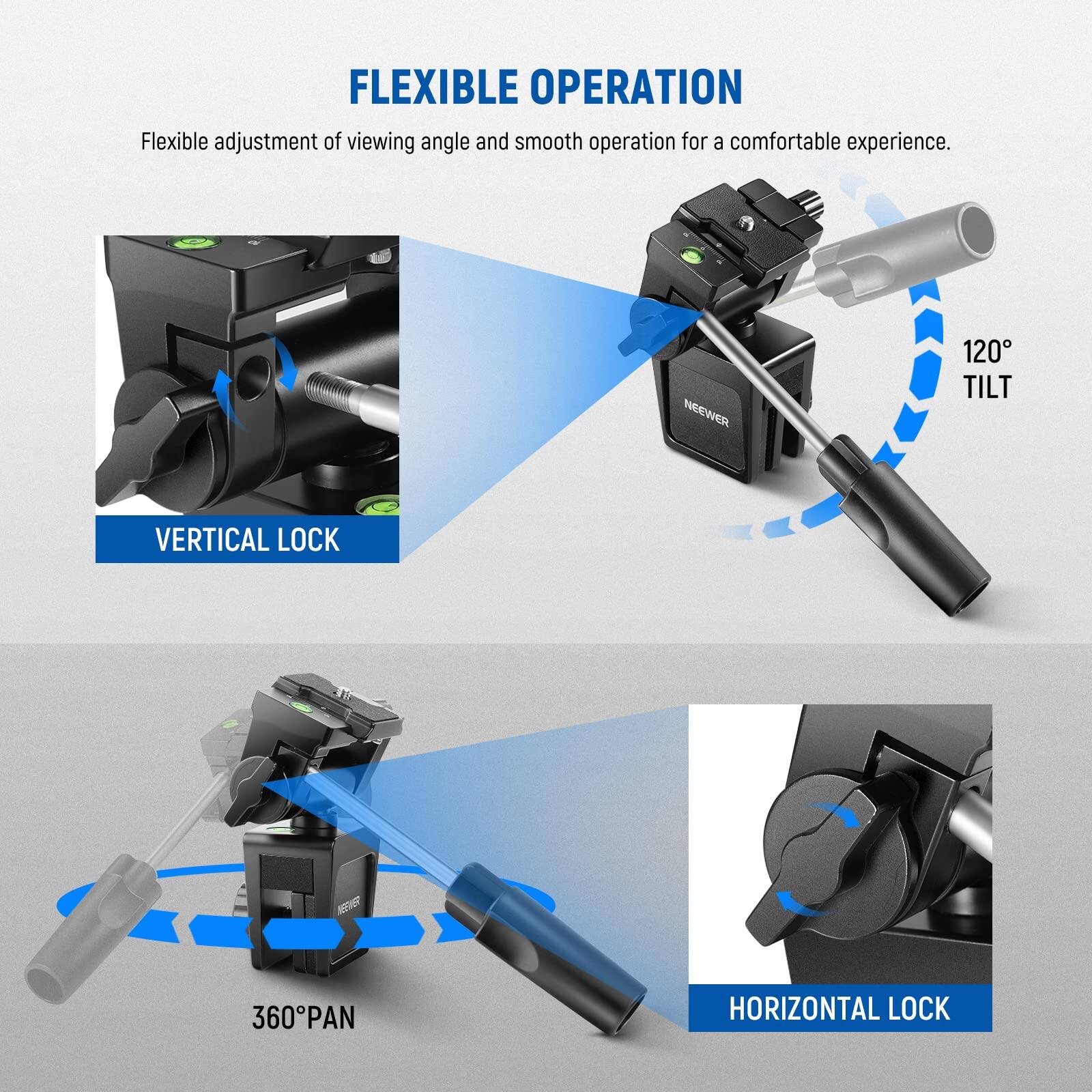 FLEXIBLE OPERATION  
Flexible adjustment of viewing angle and smooth operation for a comfortable experience.  

120° TILT  
VERTICAL LOCK  

360° PAN  
HORIZONTAL LOCK