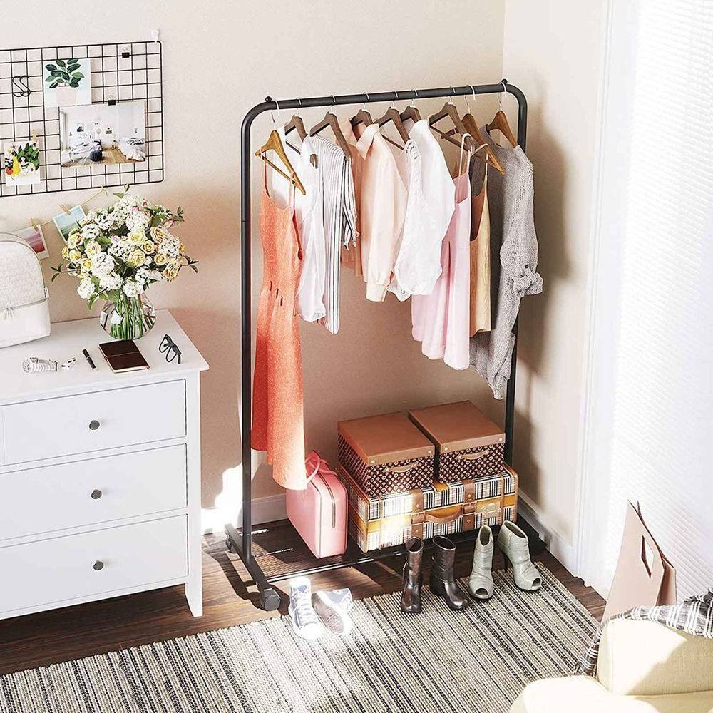 Left. Hivvago - Simple Black Steel Tube Rolling Garment Clothes Rack with Bottom Mesh Shelf - Black.