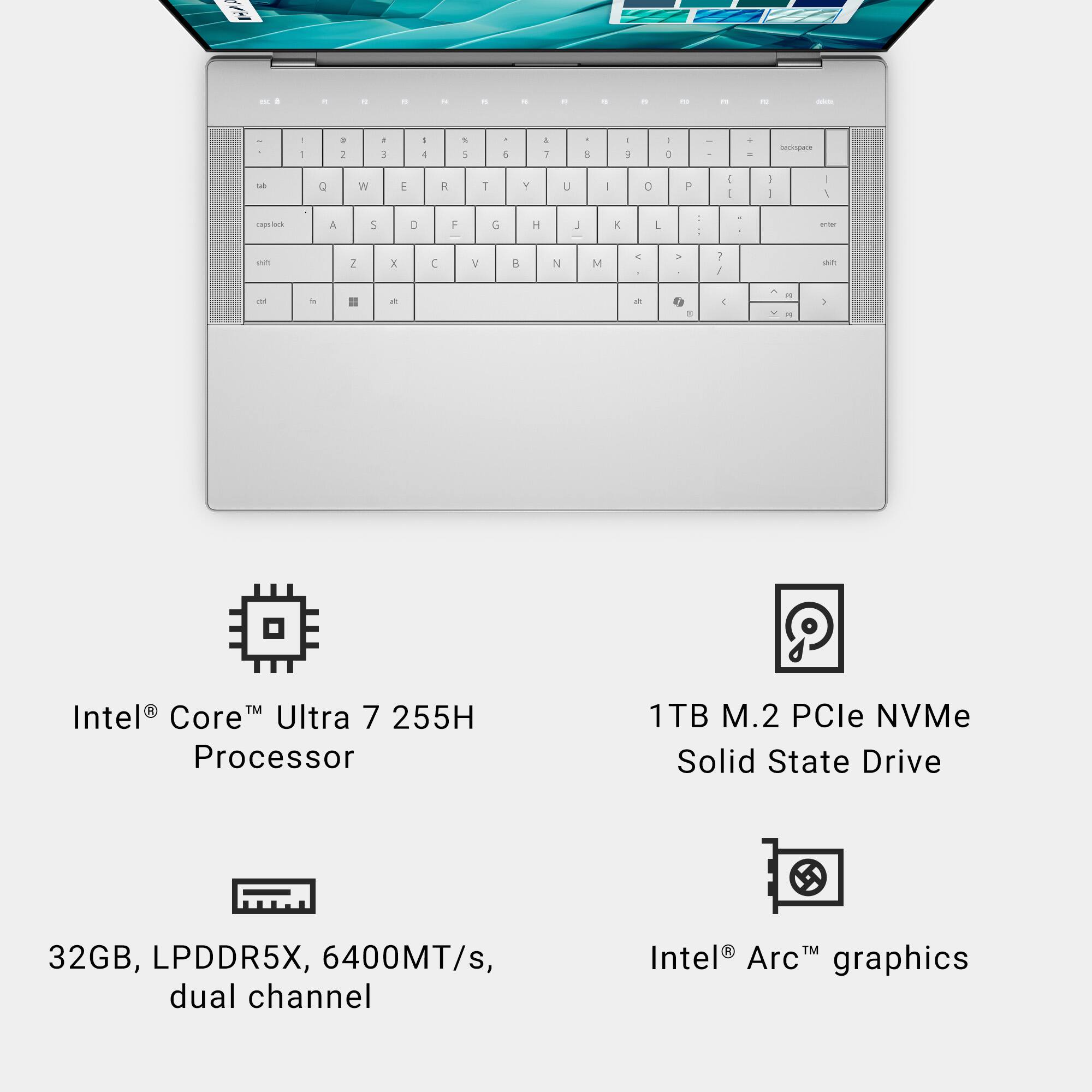 Intel Core™ Ultra 7 255H Processor
1TB M.2 PCIe NVMe Solid State Drive
32GB, LPDDR5X, 6400MT/s, dual channel
Intel® Arc™ graphics