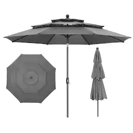 Ainfox - 10 FT Patio Umbrella 3 Tiers Outdoor Market Umbrella with Crank and Tilt for Garden Lawn Backyard Pool - Gray