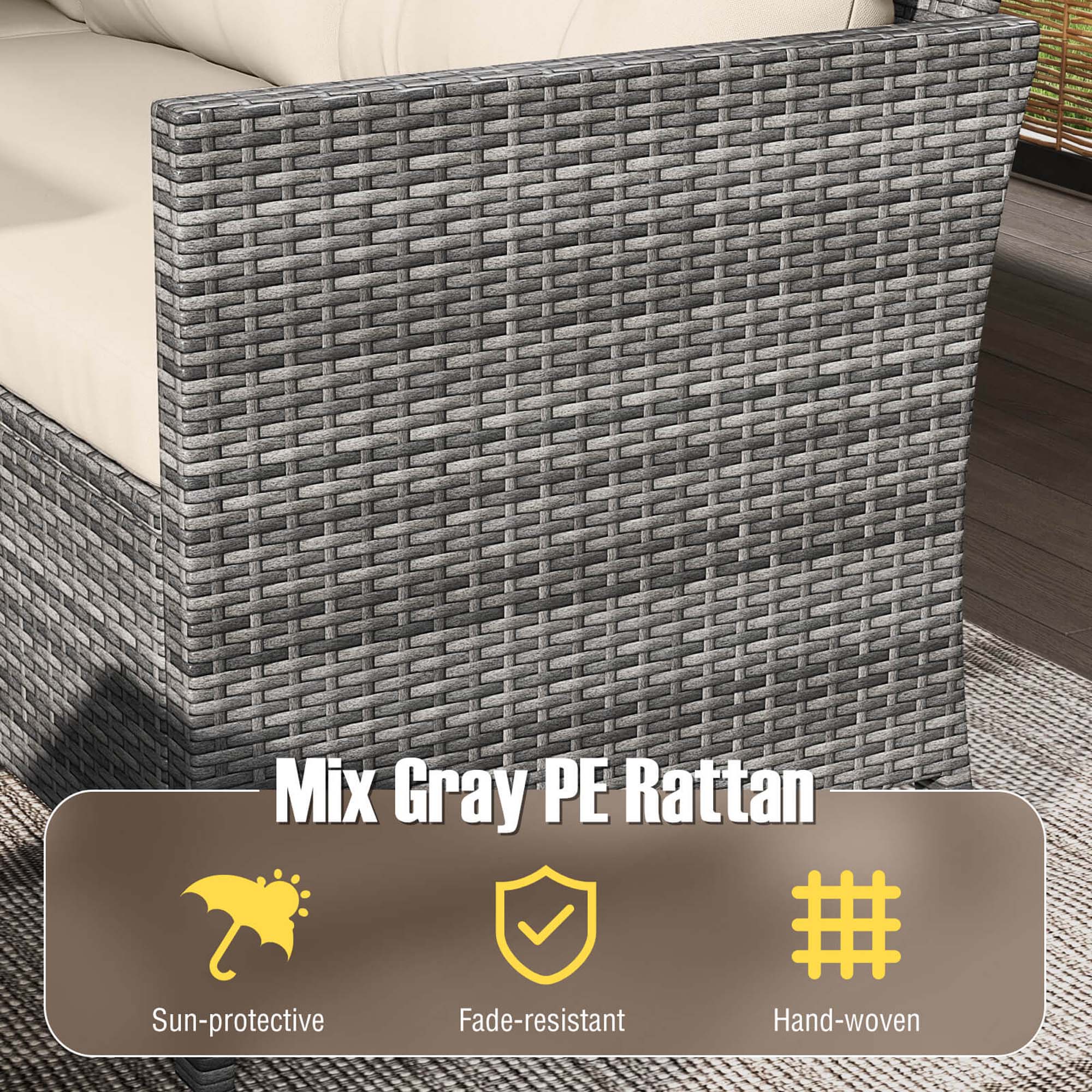 Mix Gray PE Rattan is a sun-protective, fade-resistant, and hand-woven outdoor furniture.