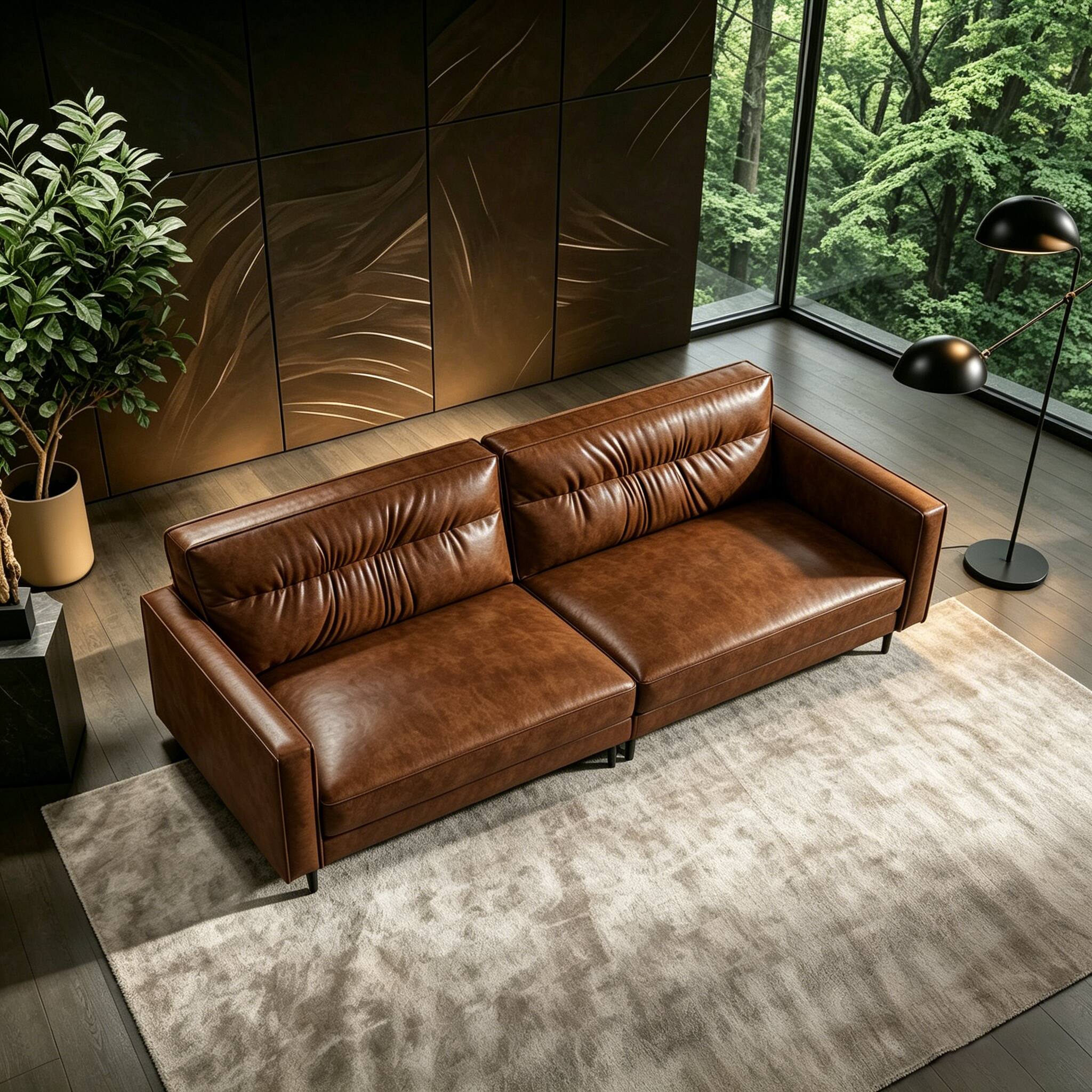 Alt View 7. luck idea - 86.61" Mid-Century Modern Oil-Wax Leather Sectional Sofa, Couch,Solid Wood Frame, High-Density Foam Cushions, Metal Legs - Brown.