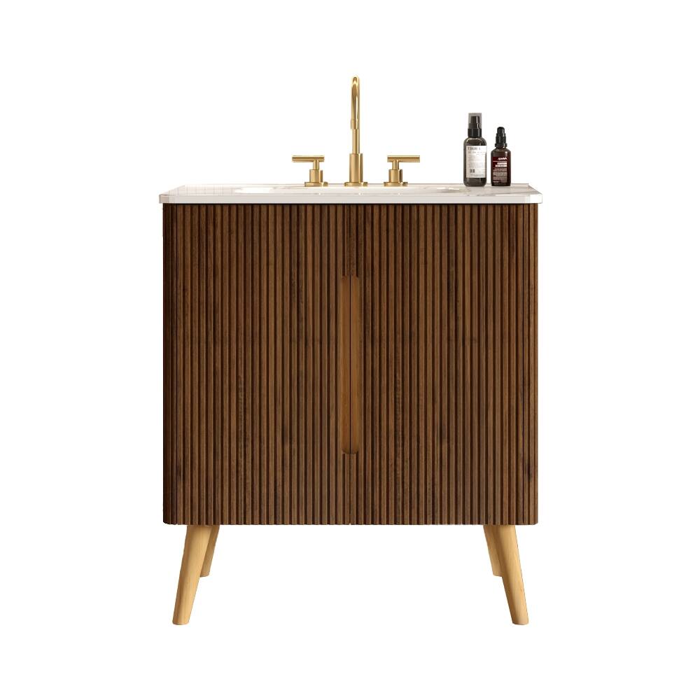 Alt View 3. Loheer - Loheer 30 inch freestanding bathroom vanity striped walnut finish carrara white ceramic sink - White+Walnut.