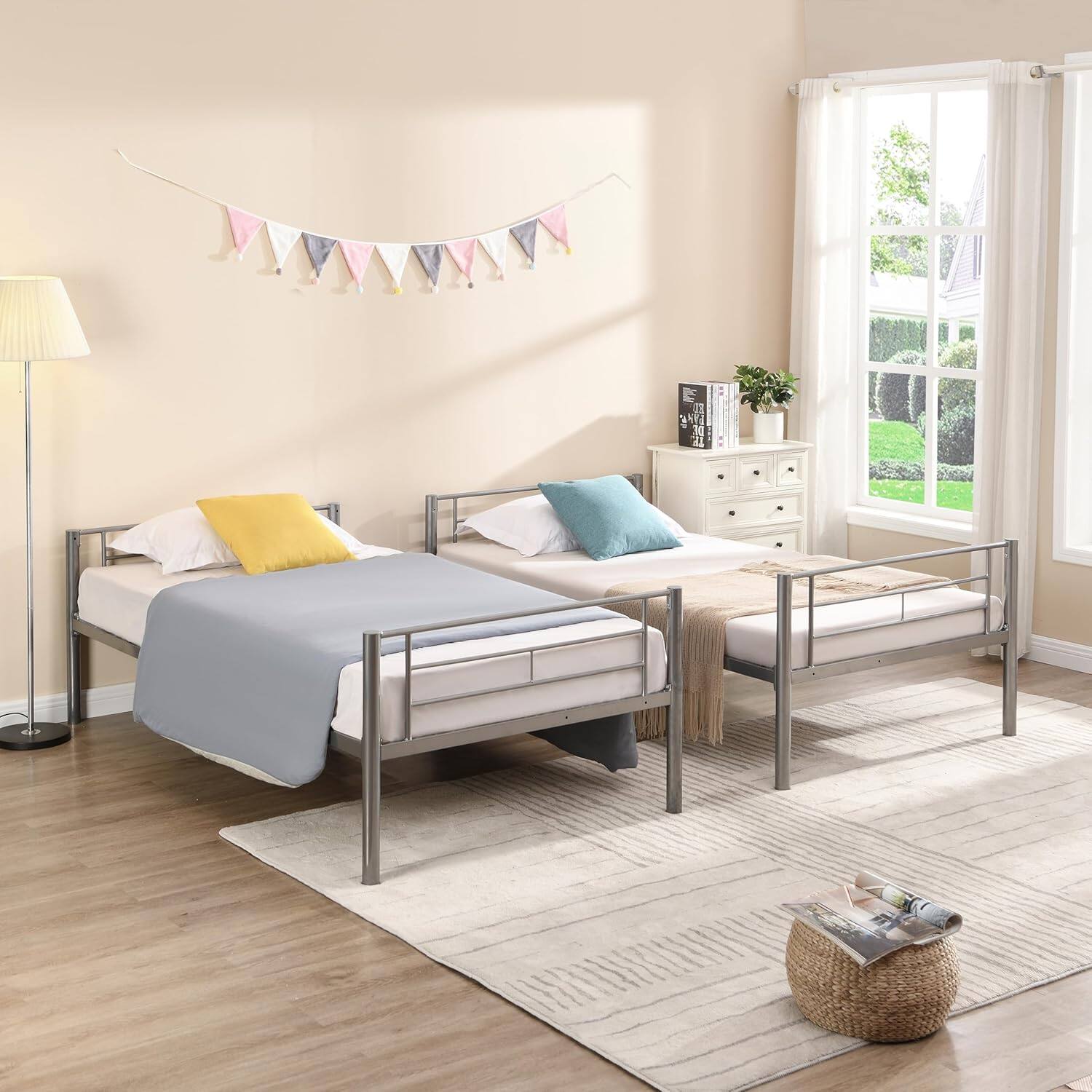 Alt View 3. Trinkets Crazed - Twin Over Twin Size Metal Detachable Bunk Bed Frame with 2 Side Ladder and Guardrail - sliver.