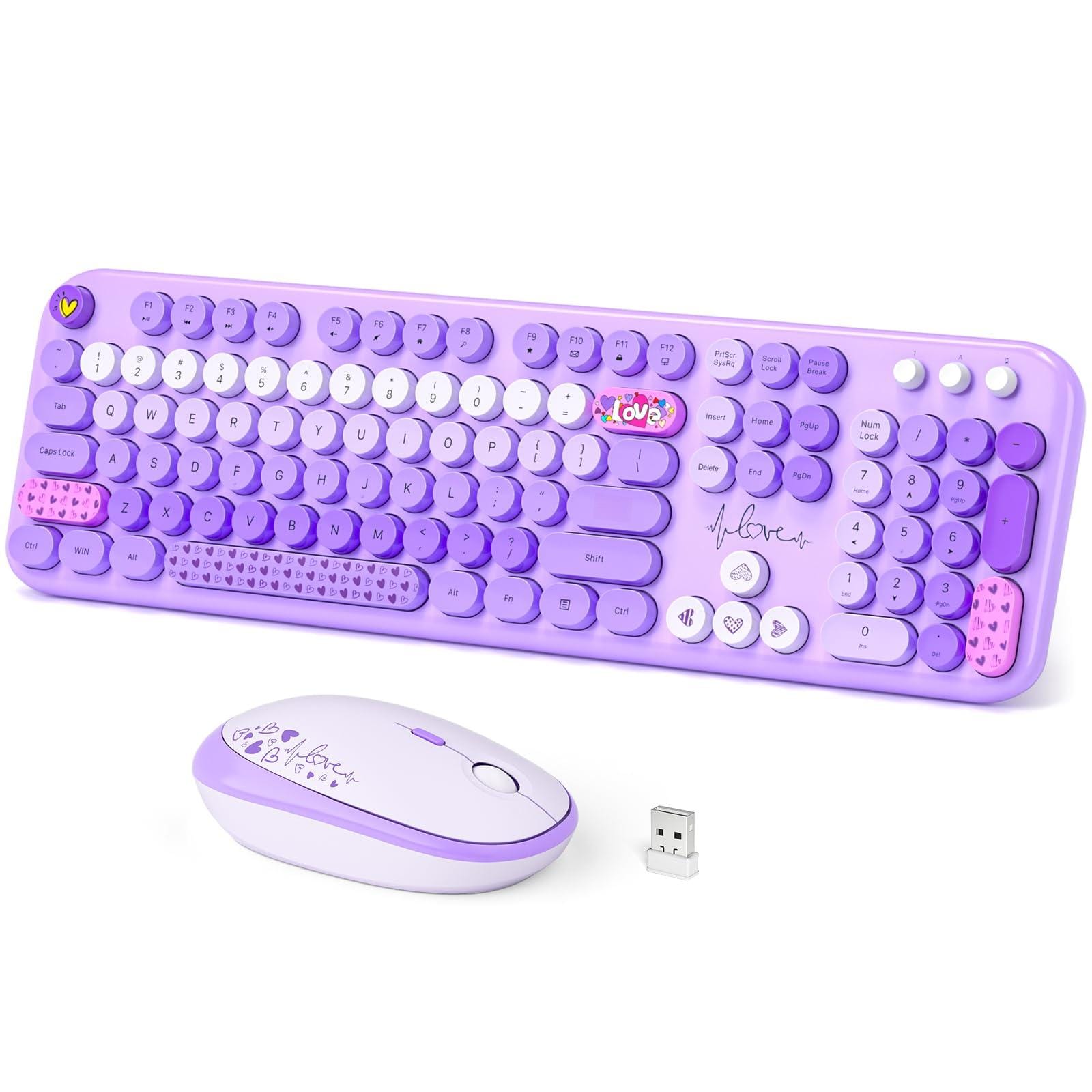 Pacoar Cade - Wireless And Mouse Combo 104 Keys Full-sized 2.4 Ghz Round Keycap Colorful Keyboards Usb Receiver Plug Play For Windows - Lovely Purple