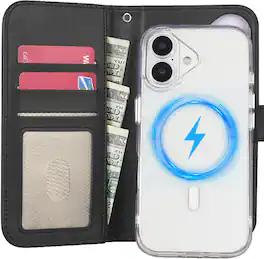 Nakedcellphone - Magnetic Combo for iPhone 17 - Clear Case and Leather Wallet with Strap (Compatible with MagSafe) - Black
