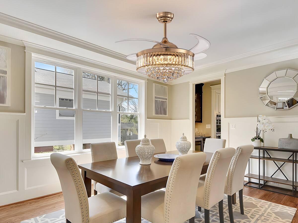 Left. Siljoy - 42-in Gold Crystal Ceiling Fan with Light and Remote Control Include - Gold.