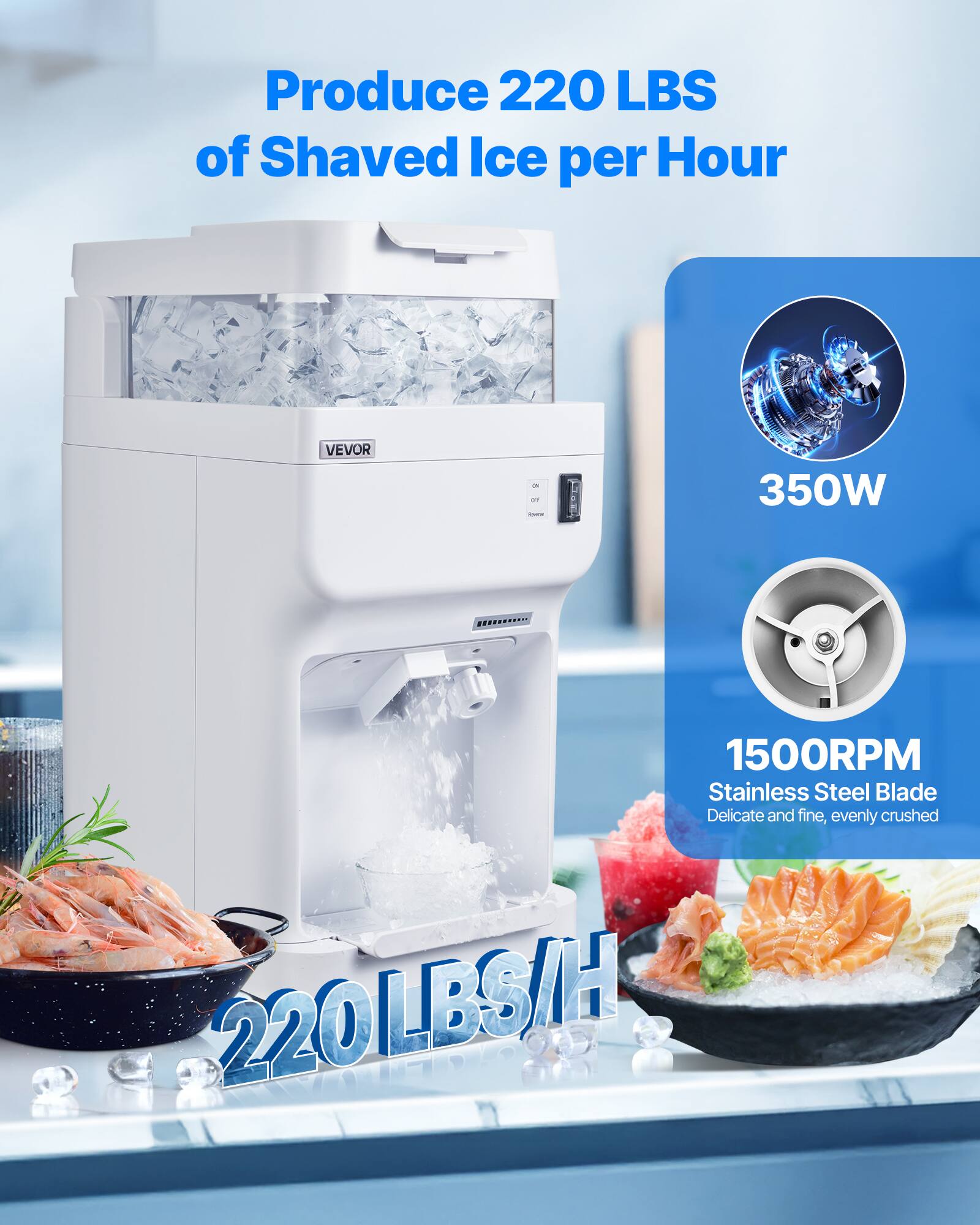 Produce 220 LBS of Shaved Ice per Hour
VEVOR - 350W 1500RPM Stainless Steel Blade Delicate and fine, evenly crushed 220LBS/H