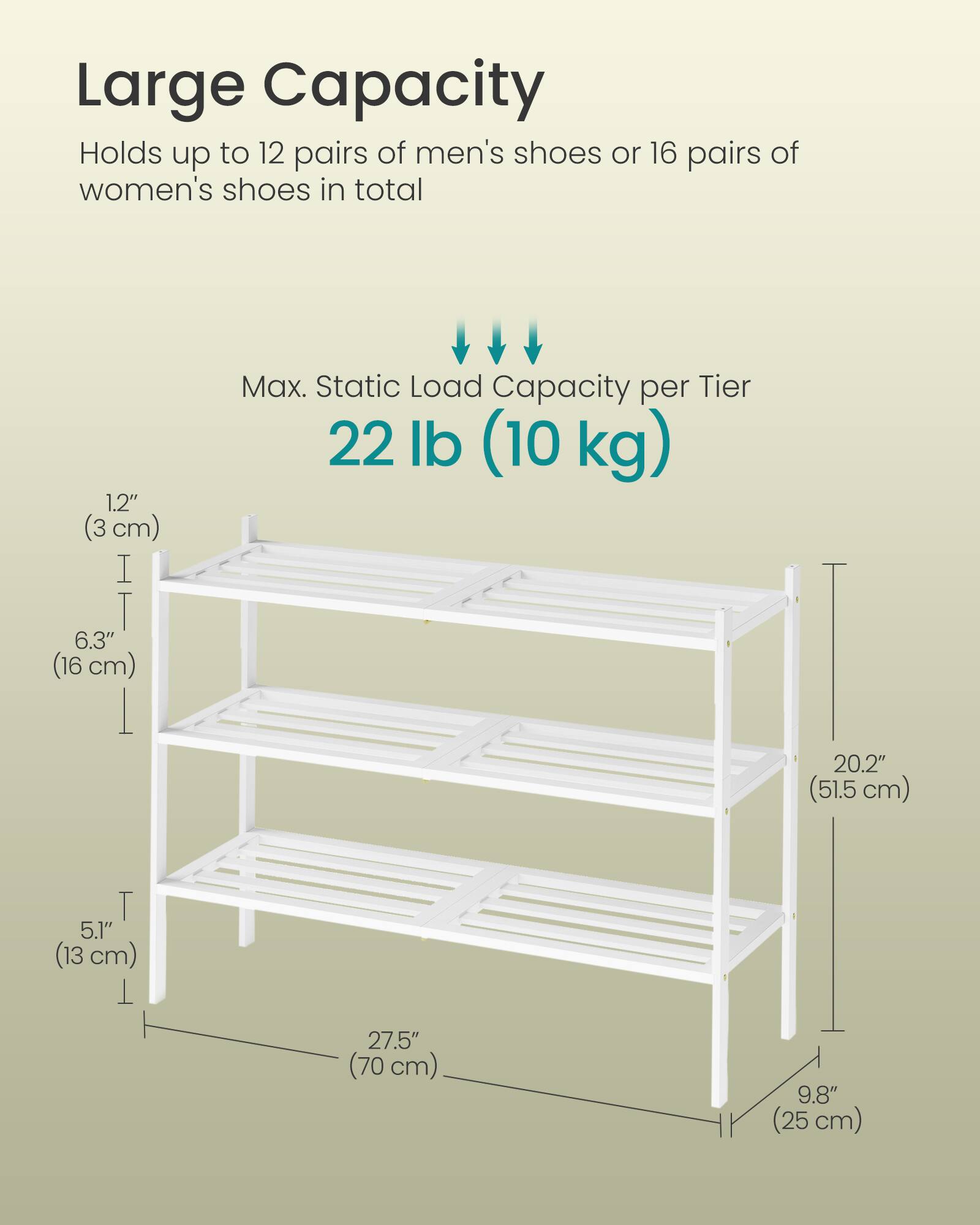 Large Capacity  
Holds up to 12 pairs of men's shoes or 16 pairs of women's shoes in total  

Max. Static Load Capacity per Tier: 22 lb (10 kg)  

Dimensions:  
- Height: 20.2" (51.5 cm)  
- Width: 27.5" (70 cm)  
- Depth: 9.8" (25 cm)  
- Shelf Depth: 5.1" (13 cm)  
- Shelf Height: 6.3" (16 cm)  
- Shelf Edge Thickness: 1.2" (3 cm)