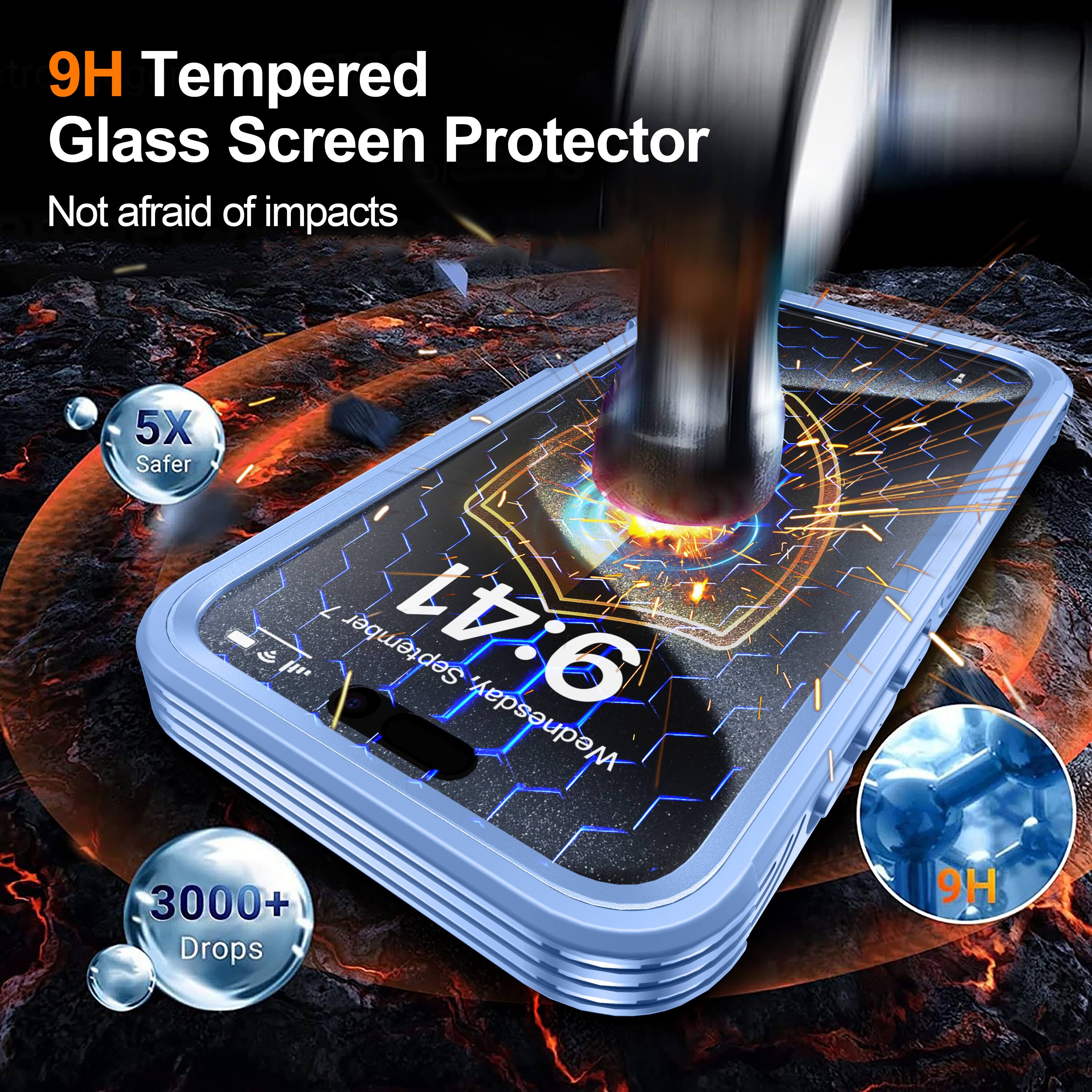 9H Tempered Glass Screen Protector  
Not afraid of impacts  
5X Safer  
3000+ Drops  
9H