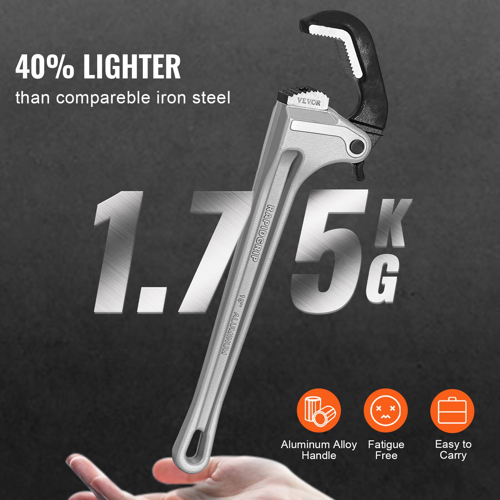 40% LIGHTER than comparable iron steel

1.75 KG

Aluminum Alloy Handle
Fatigue Free
Easy to Carry