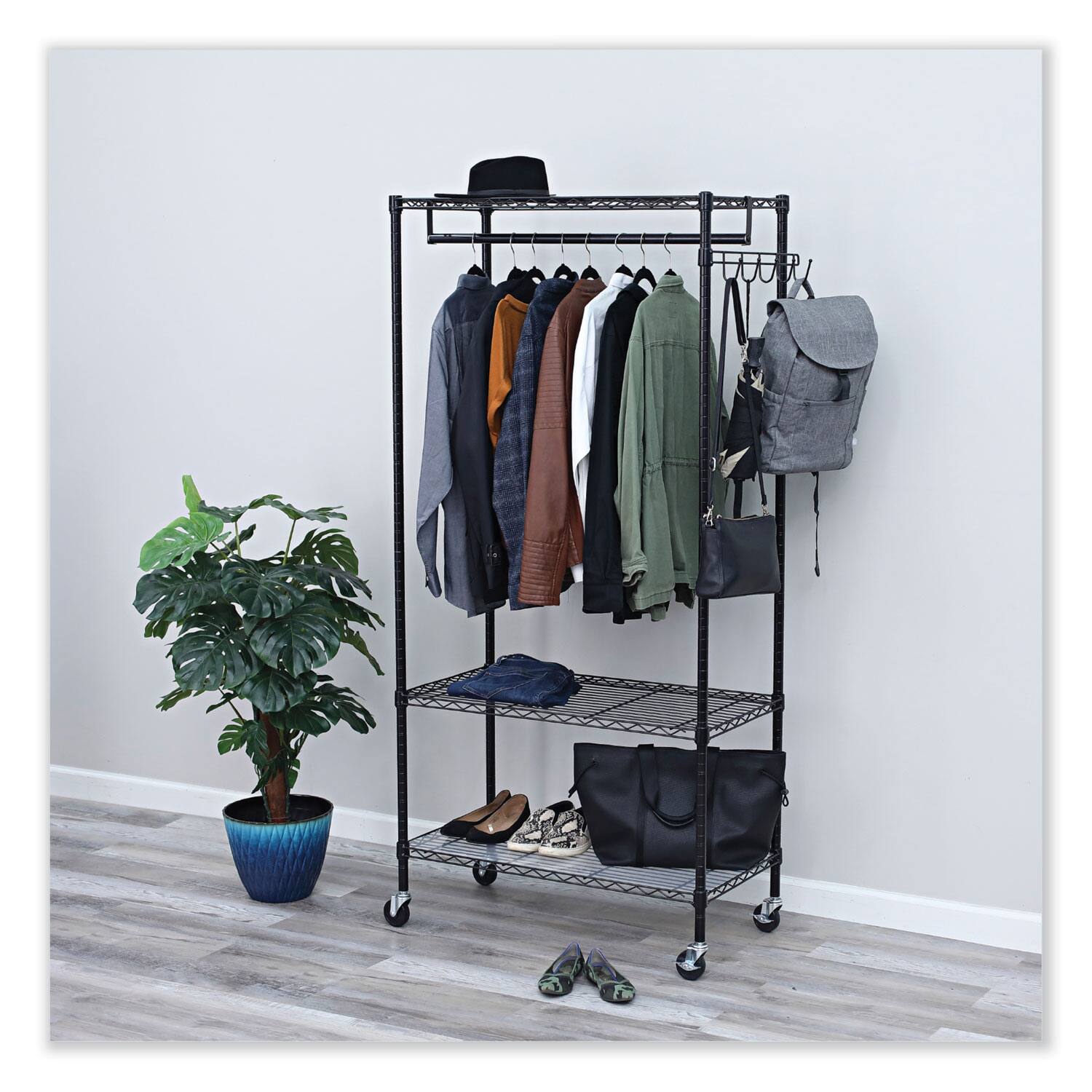 Back. Alera - Wire Shelving Garment Rack, 30 Garments, 36w X 18d X 75h, Black - Black.
