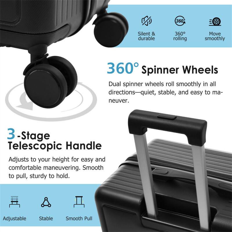 360° Spinner Wheels  
Dual spinner wheels roll smoothly in all directions—quiet, stable, and easy to maneuver.  

3-Stage Telescopic Handle  
Adjusts to your height for easy and comfortable maneuvering. Smooth to pull, sturdy to hold.  

Features:  
- Silent & durable  
- 360° rolling  
- Move smoothly  
- Adjustable  
- Stable  
- Smooth Pull