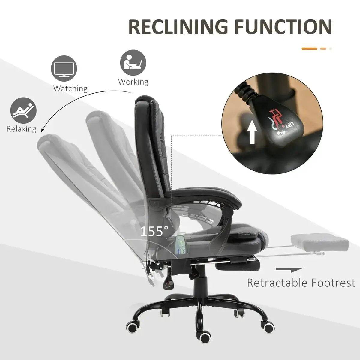 RECLINING FUNCTION

Watching  
Working  
Relaxing

155°

Retractable Footrest