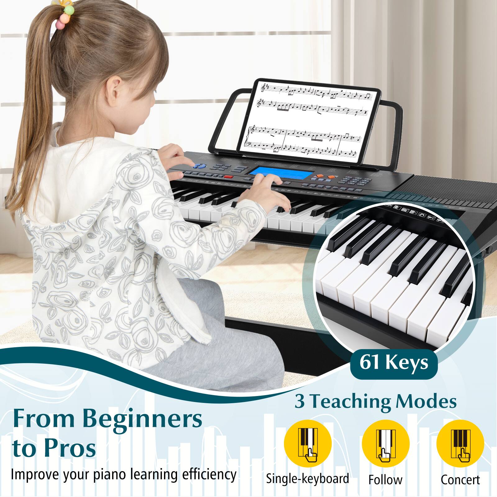 U2 1 LLLEEO 61 Keys 3 Teaching Modes From Beginners to Pros Improve your piano learning efficiency Single-keyboard Follow Concert