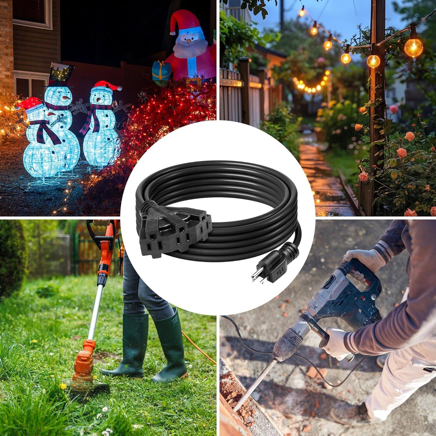 Alt View 3. BN-LINK - BN-LINK 2-Pack 25ft Outdoor Extension Cord, 3 Outlets, 16/3 SJTW, 13A/1625W, Black, Garden & Holiday Use - Black.