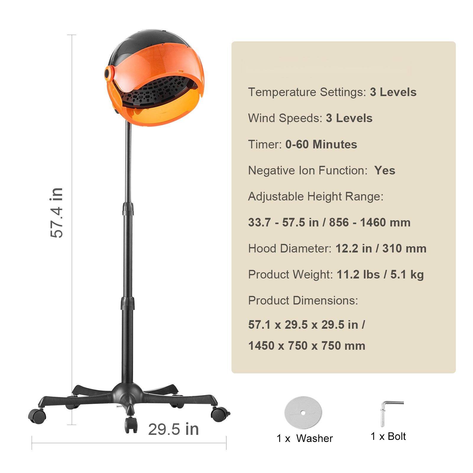 Temperature Settings: 3 Levels  
Wind Speeds: 3 Levels  
Timer: 0-60 Minutes  
Negative Ion Function: Yes  
Adjustable Height Range: 33.7 - 57.5 in / 856 - 1460 mm  
Hood Diameter: 12.2 in / 310 mm  
Product Weight: 11.2 lbs / 5.1 kg  
Product Dimensions: 57.1 x 29.5 x 29.5 in / 1450 x 750 x 750 mm  

1 x Washer  
1 x Bolt