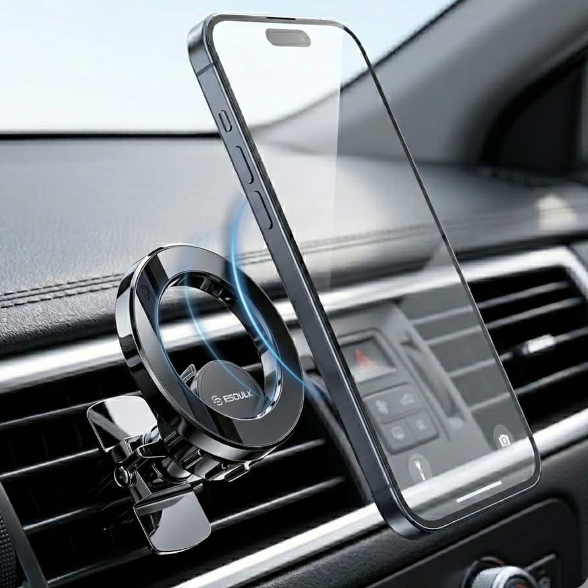 Esoulk - Magsafe Compatible Air Vent Magnetic Car Holder Mount with Magnetic Ring Adapter - Black