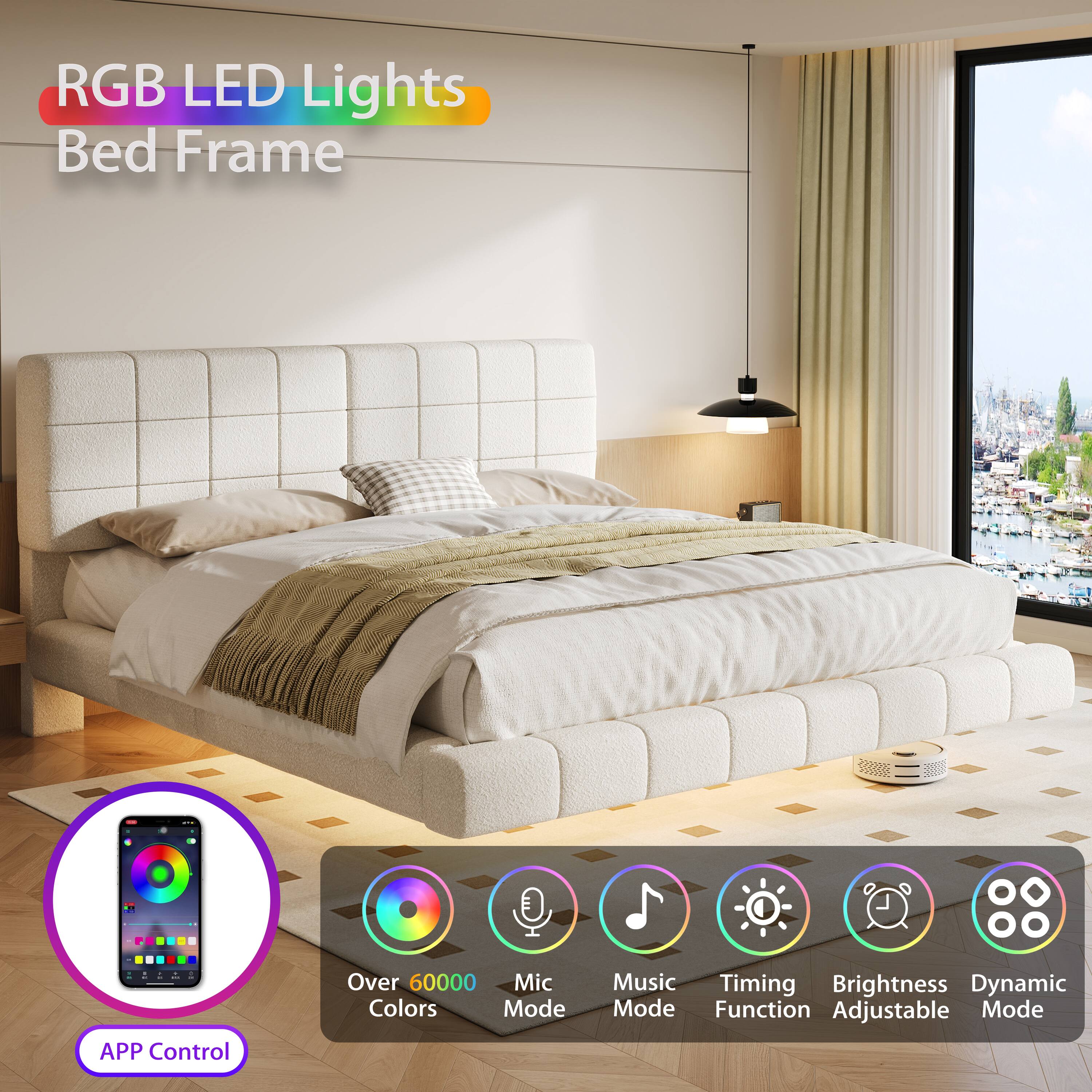 RGB LED Lights Bed Frame

- APP Control
- Over 60000 Colors
- Mic Mode
- Music Mode
- Timing Function
- Brightness Adjustable
- Dynamic Mode