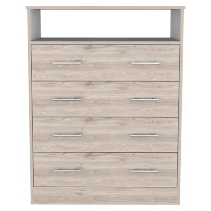 Front. TuHome - Peru L Four Drawer Dresser, Superior Top, One Open Shelf - Light Gray / White.