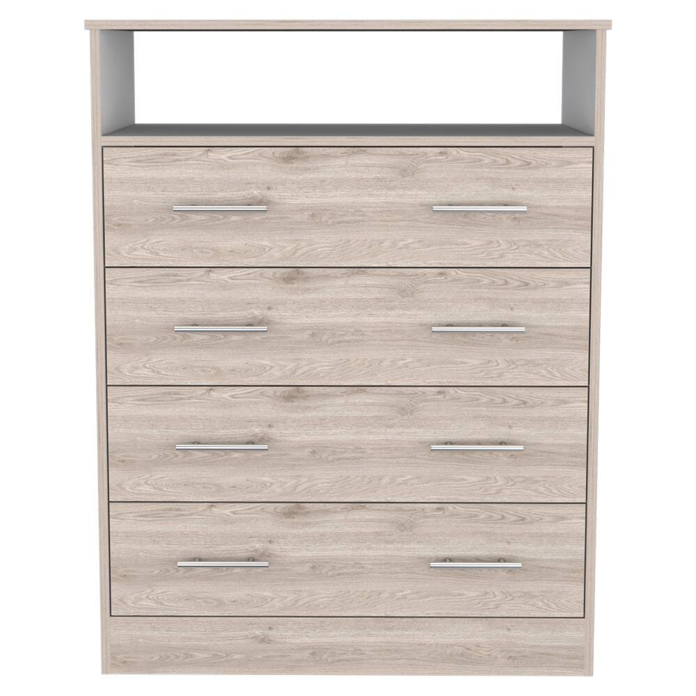 Front. TuHome - Peru L Four Drawer Dresser, Superior Top, One Open Shelf - Light Gray / White.