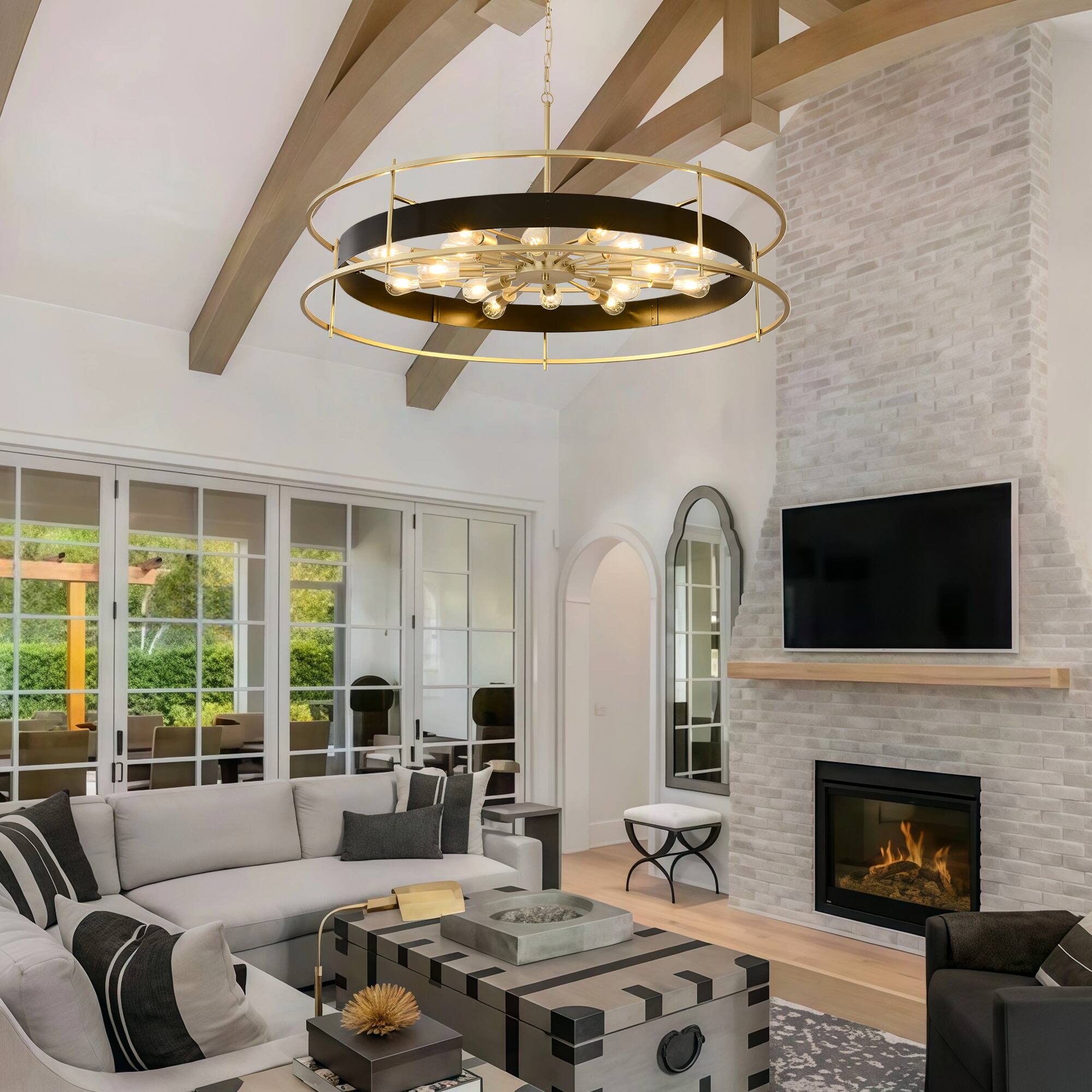 Angle. RYHNUYNE - Modern Black and Gold 16-Light Chandelier - 48 Inch Round Adjustable Pendant Light for Dining Room, Living Room, Foyer.