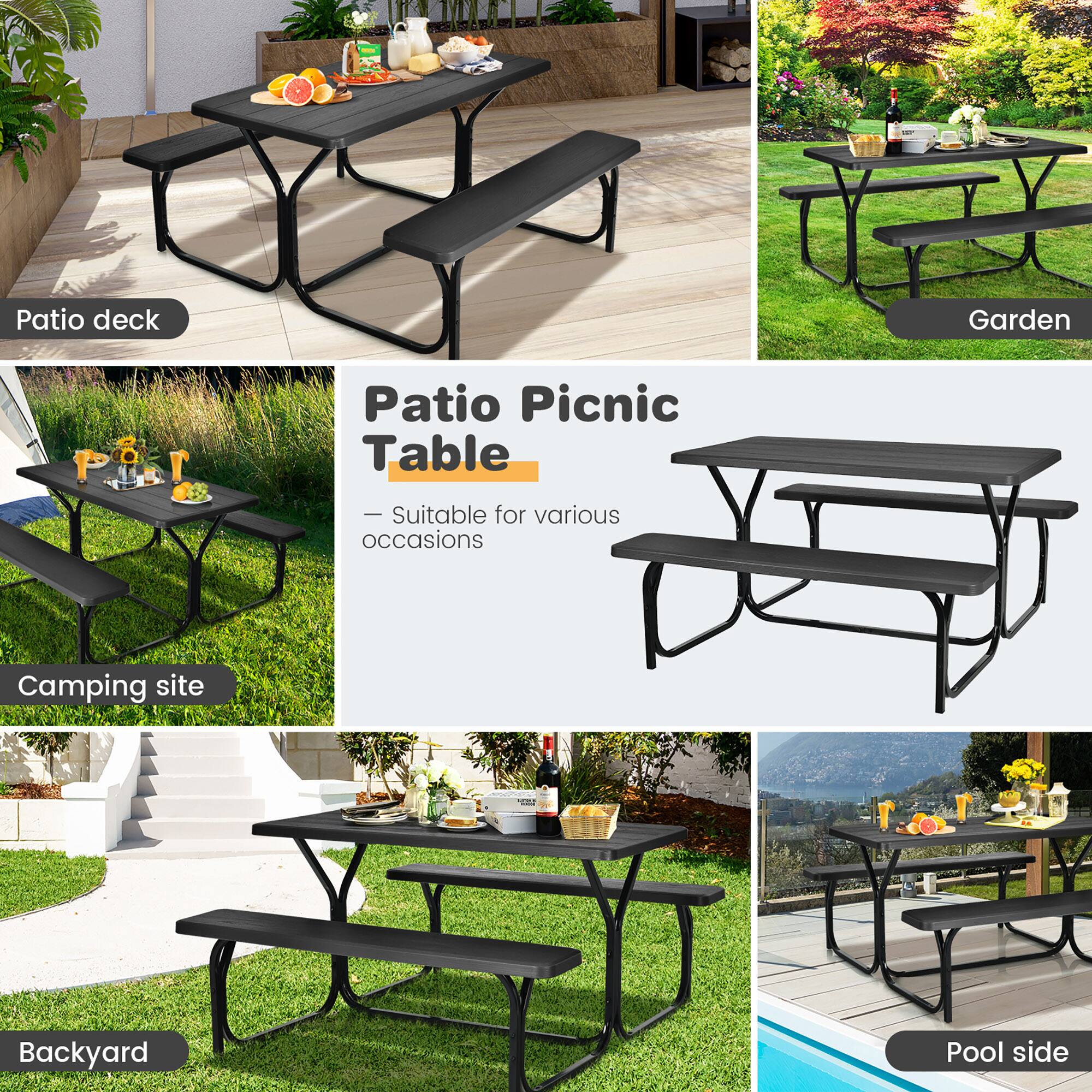 Patio Picnic Table  
— Suitable for various occasions  

Patio deck  
Garden  
Camping site  
Backyard  
Pool side