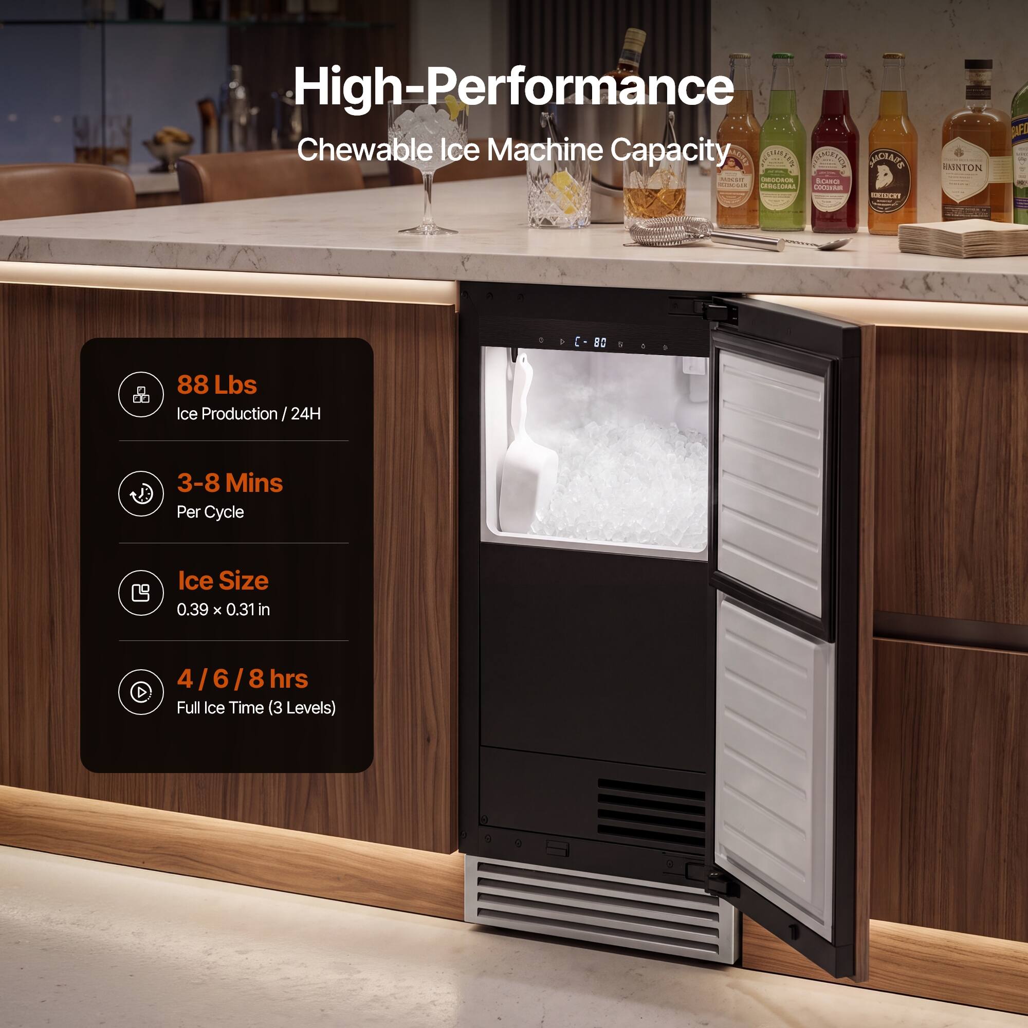 High-Performance Chewable Ice Machine Capacity

88 Lbs Ice Production / 24H
3-8 Mins Per Cycle
Ice Size 0.39 x 0.31 in
4/6/8 hrs Full Ice Time (3 Levels)