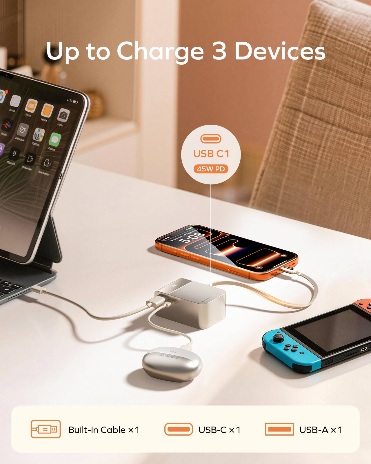 Up to Charge 3 Devices

USB C1 45W PD

Built-in Cable x1
USB-C x1
USB-A x1
