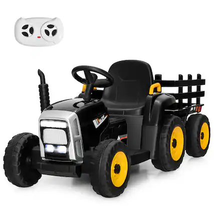 Front. Costway - Costway 12V Kids Ride On Tractor with Trailer Ground Loader w/ RC & Lights - Black.