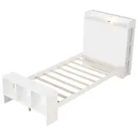 Costway Twin Size Bed Frame with Storage Headboard & Footboard LED Bed Frame with 2 USB Ports - White - Front_Zoom