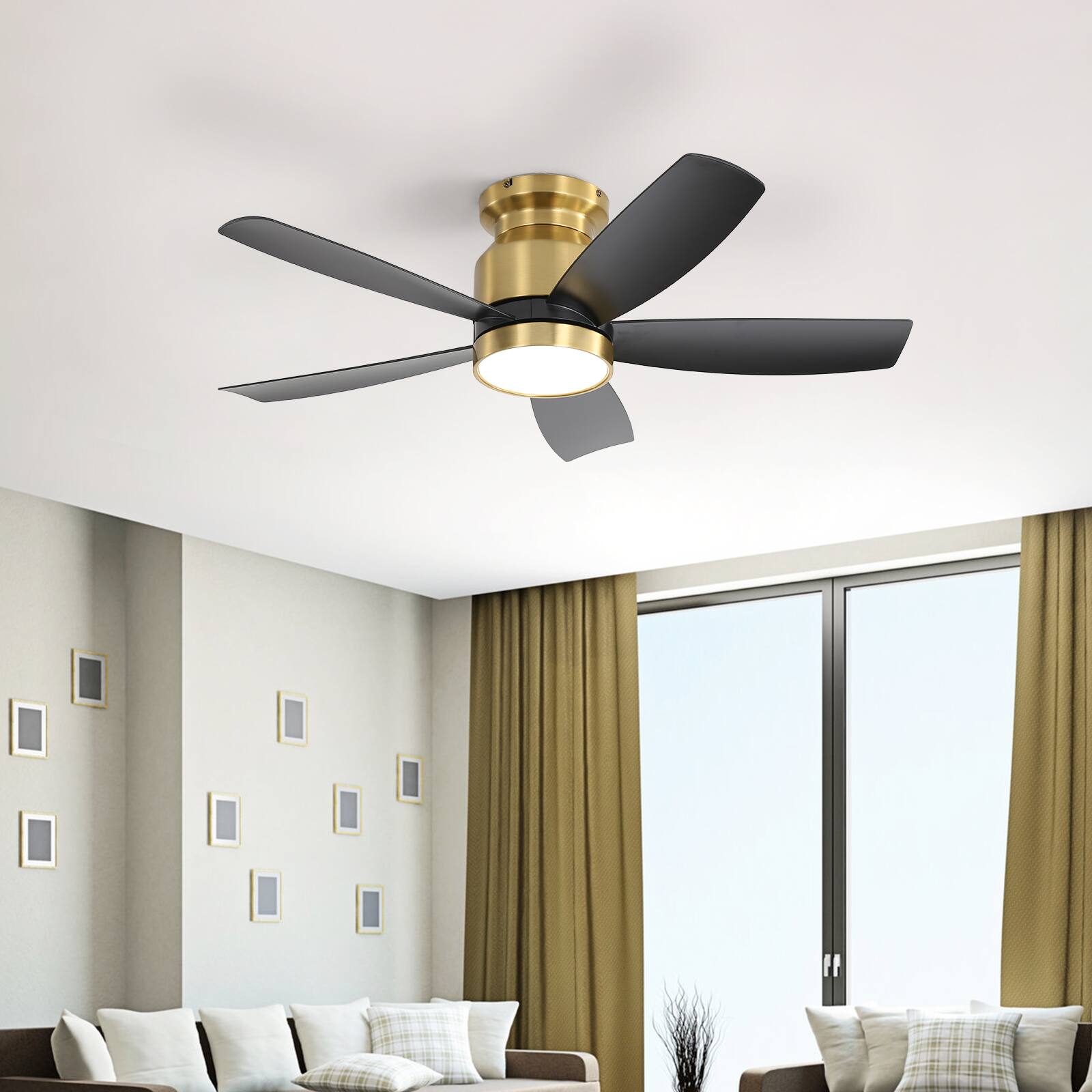 Alt View 2. Sofucor - 42 Inch Flush Mount Ceiling Fan with Lights & Remote Ultra Quiet 6-Speed DC Motor Bedroom Modern Low Profile Fan - Gold Black.